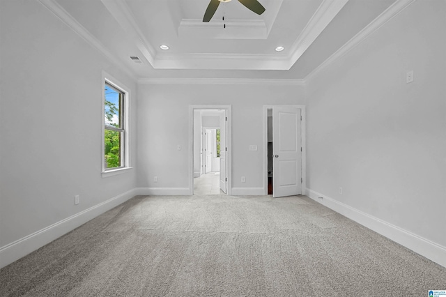 2121 Grey Oaks Ter, Pelham, AL 35124 - unfurnished bedroom featuring crown molding, a tray ceiling, light carpet, recessed lighting, and ceiling fan