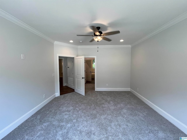 unfurnished bedroom with carpet, ceiling fan, and crown molding