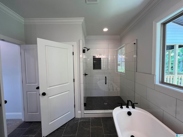 bathroom featuring independent shower and bath, tile walls, and ornamental molding