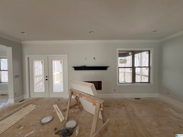 foyer entrance with french doors and crown molding