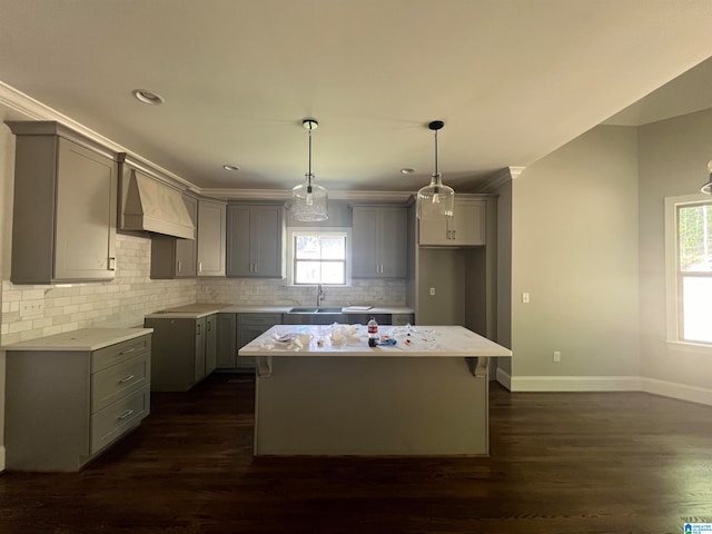 kitchen featuring custom range hood, gray cabinets, dark hardwood / wood-style floors, and a healthy amount of sunlight