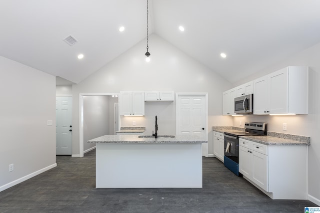 kitchen featuring sink, electric stove, white cabinets, and high vaulted ceiling