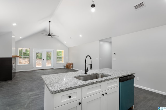 kitchen featuring ceiling fan, white cabinets, sink, dishwasher, and dark wood-type flooring