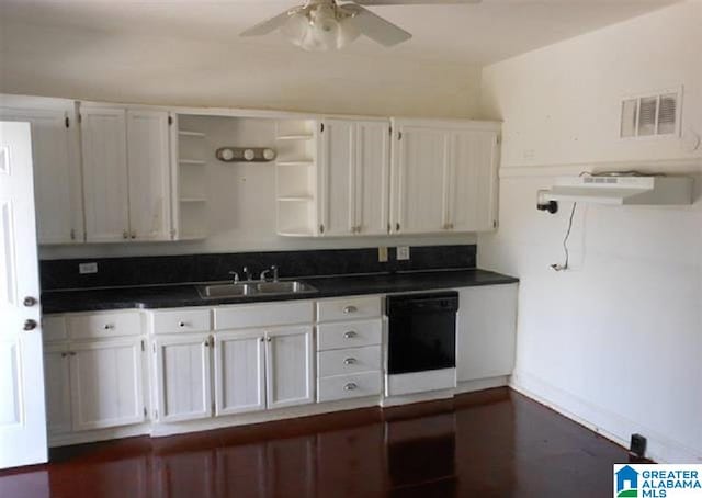 kitchen with white cabinets and ceiling fan