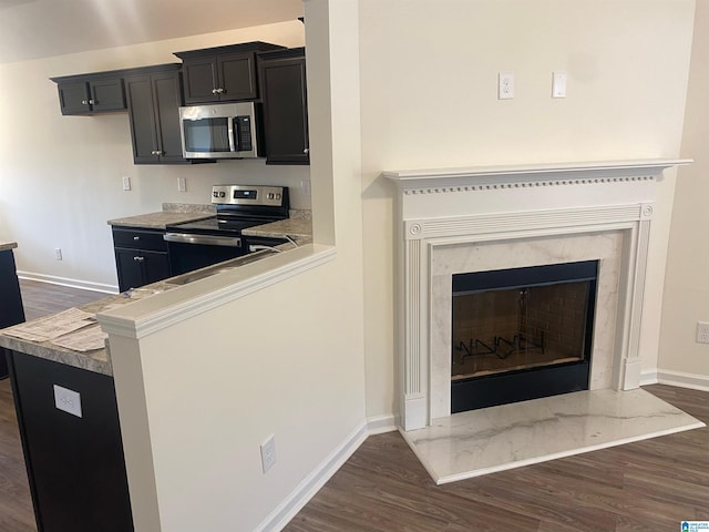 kitchen featuring kitchen peninsula, a high end fireplace, dark hardwood / wood-style floors, and appliances with stainless steel finishes