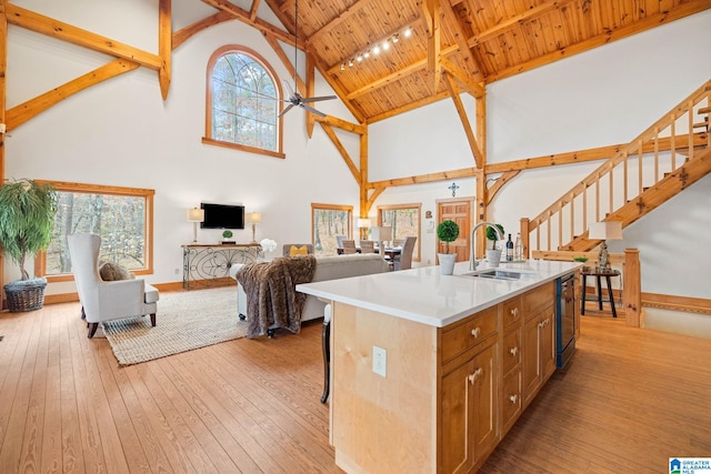 kitchen featuring light hardwood / wood-style flooring, ceiling fan, wooden ceiling, and high vaulted ceiling