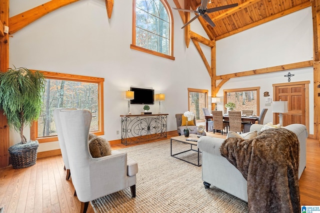 living room featuring light wood-type flooring, ceiling fan, beam ceiling, plenty of natural light, and high vaulted ceiling