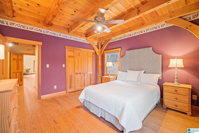 bedroom with light hardwood / wood-style flooring, ceiling fan, beamed ceiling, and wood ceiling