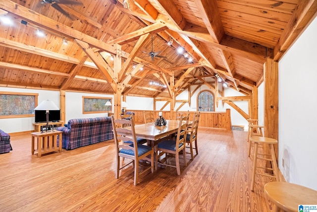 dining room featuring ceiling fan, wood ceiling, light wood-type flooring, and vaulted ceiling with beams