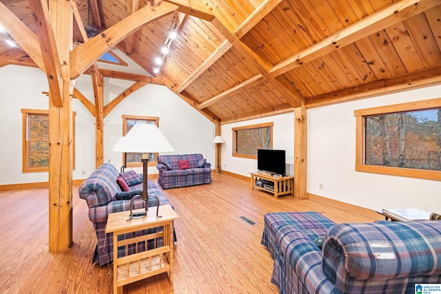 living room featuring wood ceiling, light wood-type flooring, and lofted ceiling with beams