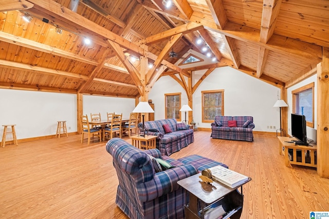 living room with track lighting, light hardwood / wood-style floors, wood ceiling, and lofted ceiling with beams