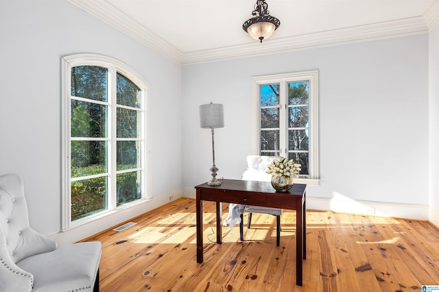 office area featuring light hardwood / wood-style flooring and crown molding