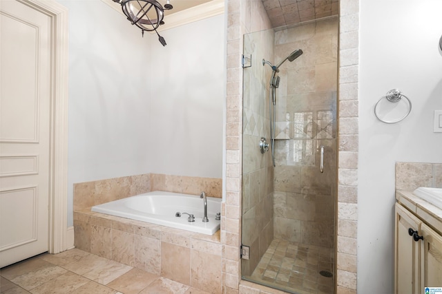 bathroom featuring vanity, separate shower and tub, and crown molding