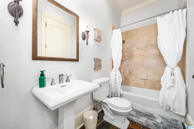 full bathroom with toilet, ornamental molding, sink, and shower / tub combo