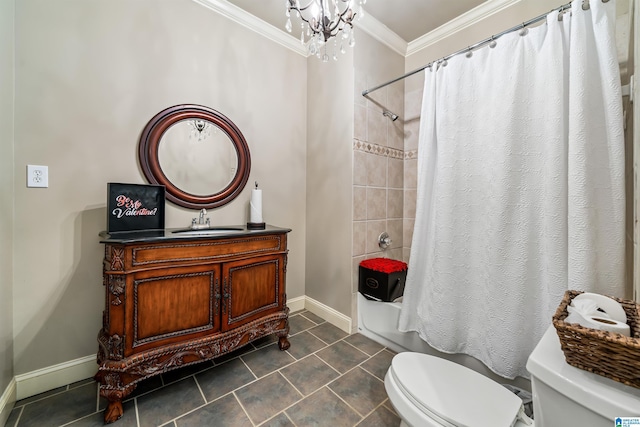 full bathroom with vanity, toilet, ornamental molding, a notable chandelier, and shower / tub combo