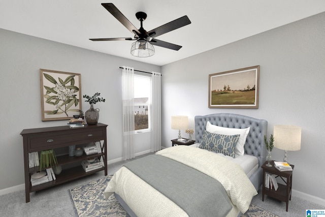 bedroom with ceiling fan and carpet floors