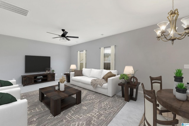 carpeted living room with ceiling fan with notable chandelier