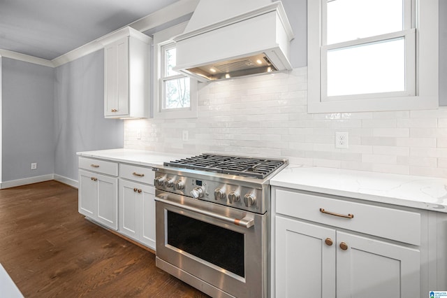 kitchen featuring white cabinets, decorative backsplash, custom exhaust hood, dark wood-type flooring, and stainless steel range with gas stovetop