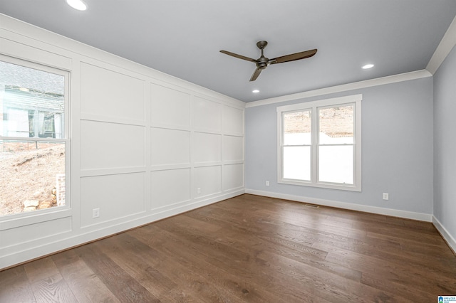 unfurnished room with ornamental molding, hardwood / wood-style flooring, and ceiling fan