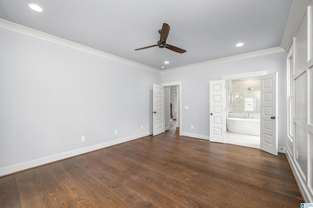 unfurnished bedroom featuring connected bathroom, ceiling fan, hardwood / wood-style floors, and crown molding