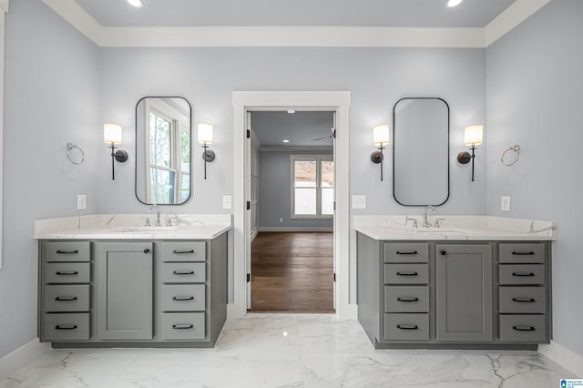 bathroom with dual bowl vanity, hardwood / wood-style floors, and plenty of natural light