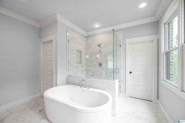 bathroom with separate shower and tub and tile patterned flooring