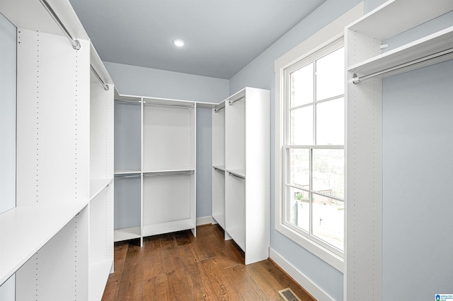 spacious closet with dark wood-type flooring