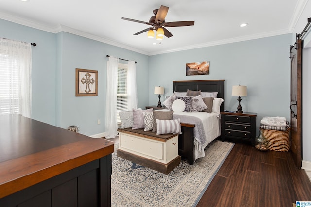 bedroom featuring a barn door, ceiling fan, dark hardwood / wood-style flooring, and ornamental molding