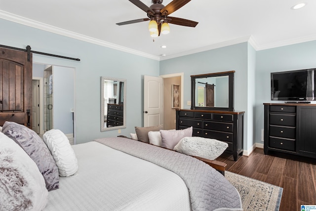 bedroom featuring ceiling fan, a barn door, crown molding, and dark wood-type flooring