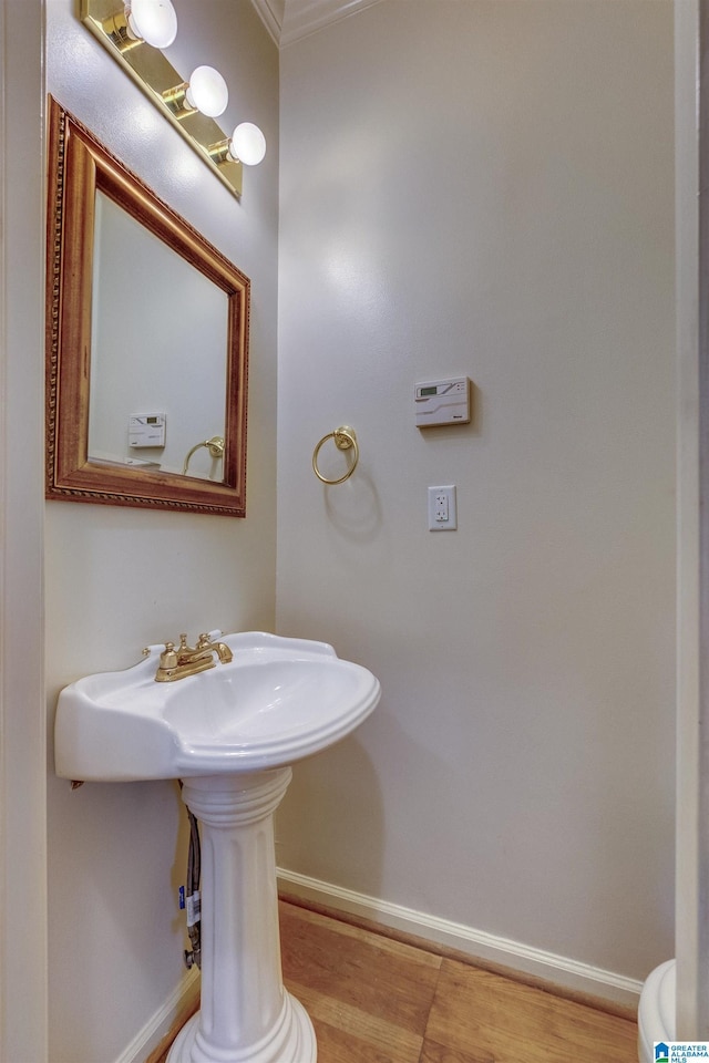 bathroom featuring wood-type flooring and ornamental molding