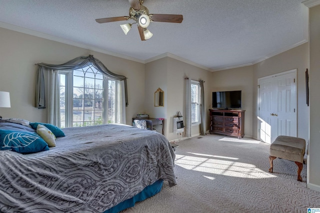 bedroom featuring multiple windows, ceiling fan, carpet floors, and a textured ceiling