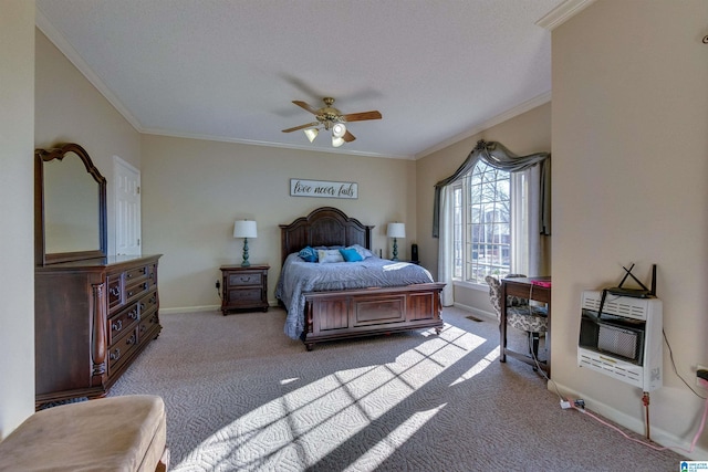 carpeted bedroom featuring a textured ceiling, heating unit, ceiling fan, and crown molding