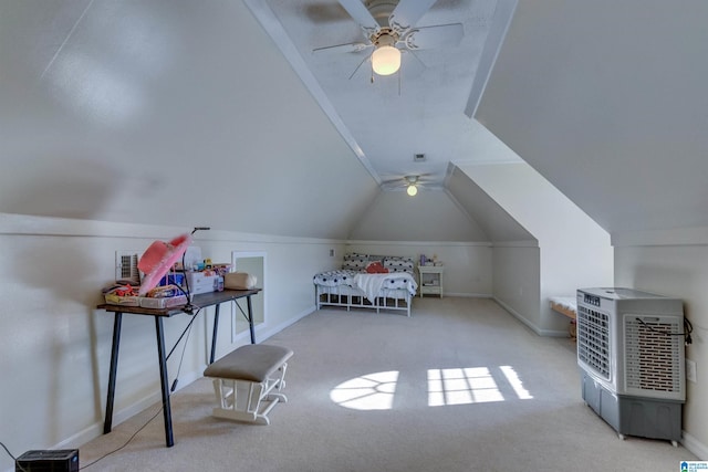 bonus room with ceiling fan, lofted ceiling, and light carpet