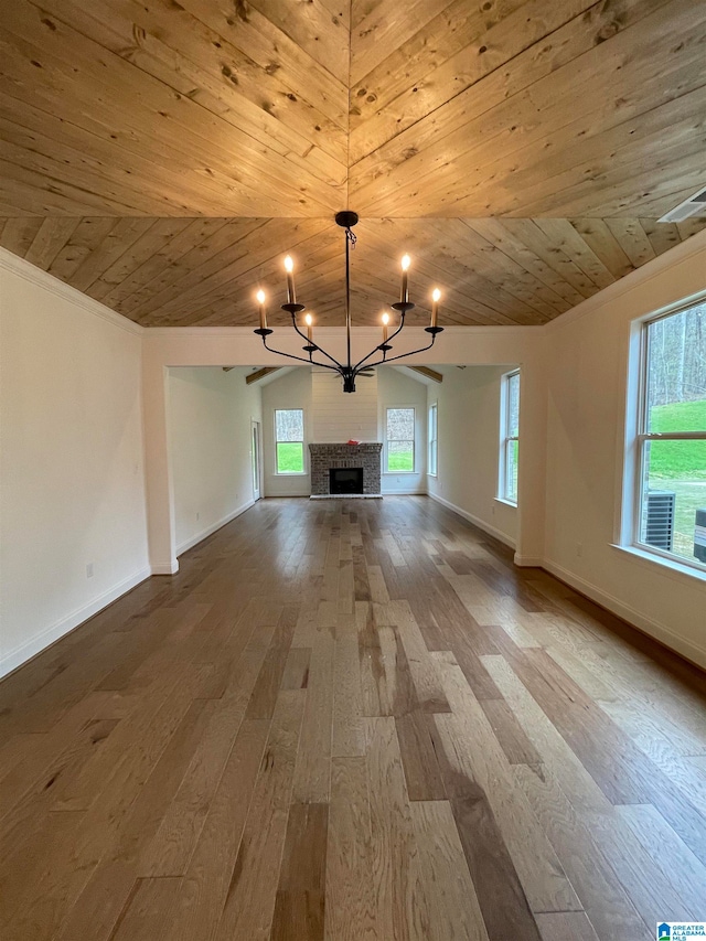 unfurnished living room with wood ceiling, a notable chandelier, and dark wood-type flooring