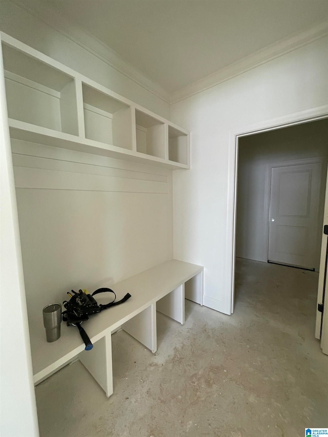 mudroom featuring ornamental molding