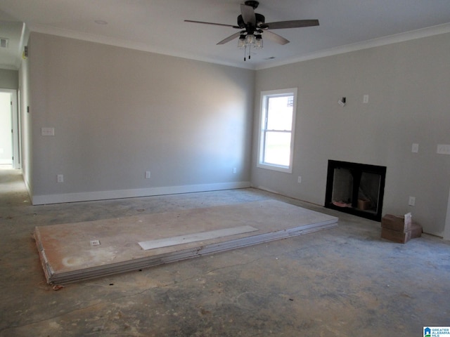 unfurnished living room featuring ceiling fan and ornamental molding