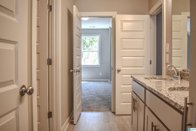 bathroom with vanity and hardwood / wood-style floors