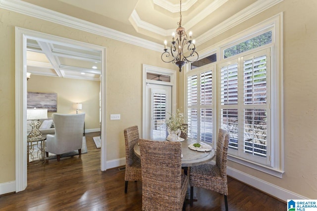 dining area featuring coffered ceiling, ornamental molding, a raised ceiling, dark hardwood / wood-style floors, and an inviting chandelier