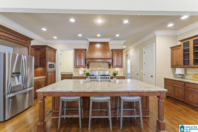 kitchen with custom exhaust hood, dark wood-type flooring, appliances with stainless steel finishes, and tasteful backsplash