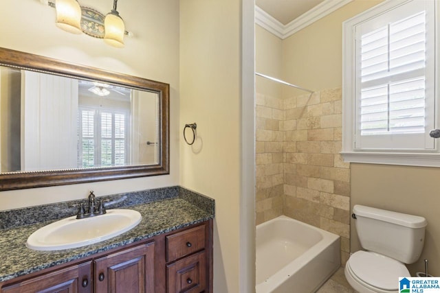 full bathroom with crown molding, toilet, vanity, shower / tub combination, and tile walls