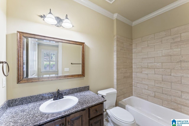 full bathroom with oversized vanity, toilet, ornamental molding, and shower / bath combination