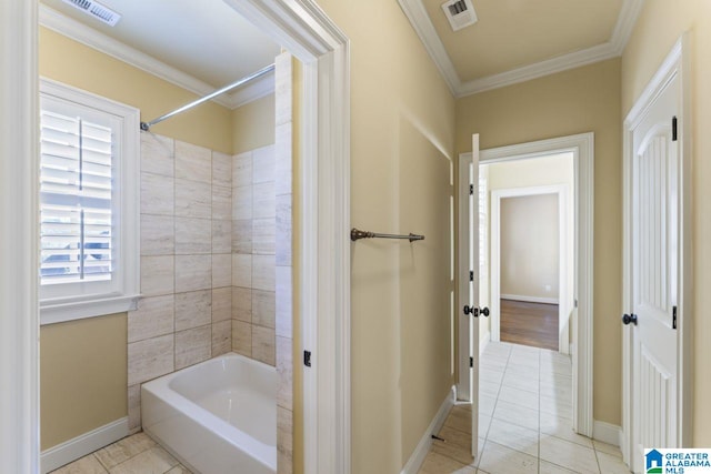 bathroom with crown molding, bathing tub / shower combination, and wood-type flooring