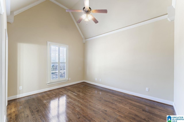 spare room with ceiling fan, high vaulted ceiling, ornamental molding, and dark hardwood / wood-style floors