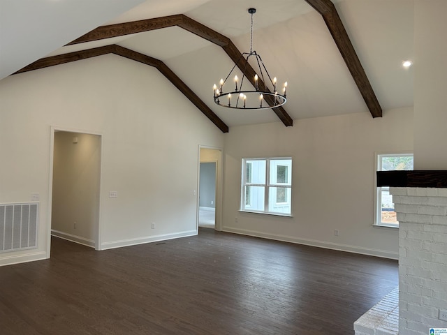 unfurnished living room with high vaulted ceiling, dark hardwood / wood-style floors, a fireplace, a notable chandelier, and beam ceiling