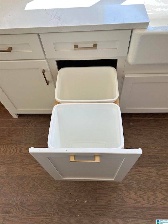 details with white cabinetry and dark wood-type flooring