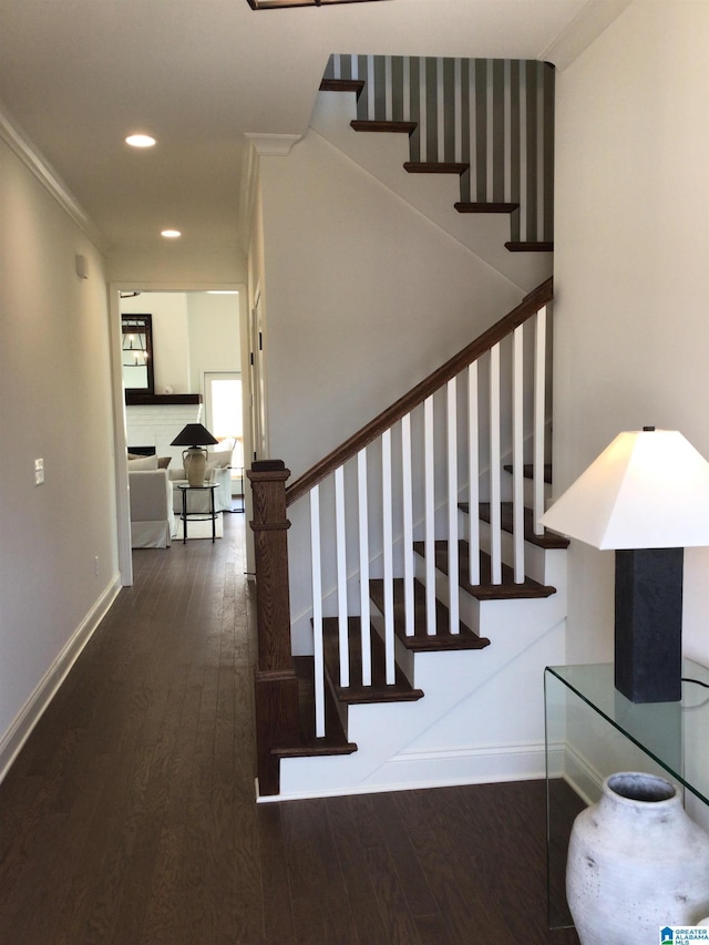 501 Ramsgate Dr, Alabaster, AL 35114 - stairs featuring wood finished floors, recessed lighting, and crown molding