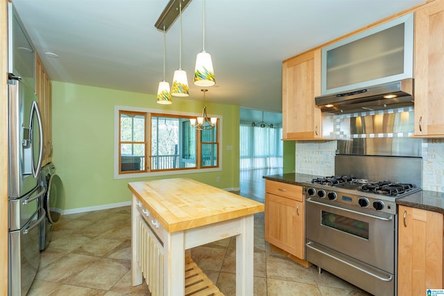 kitchen featuring extractor fan, decorative backsplash, light brown cabinets, and appliances with stainless steel finishes