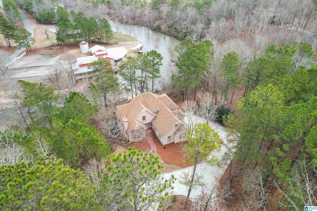 drone / aerial view featuring a water view