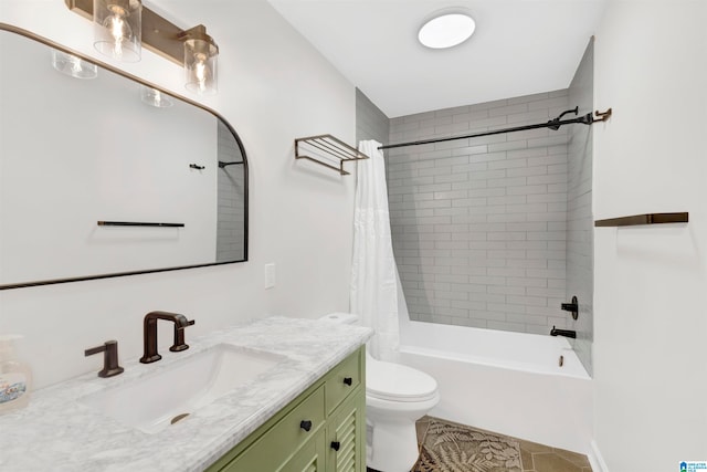 bathroom with toilet, shower / tub combo, tile patterned flooring, and vanity