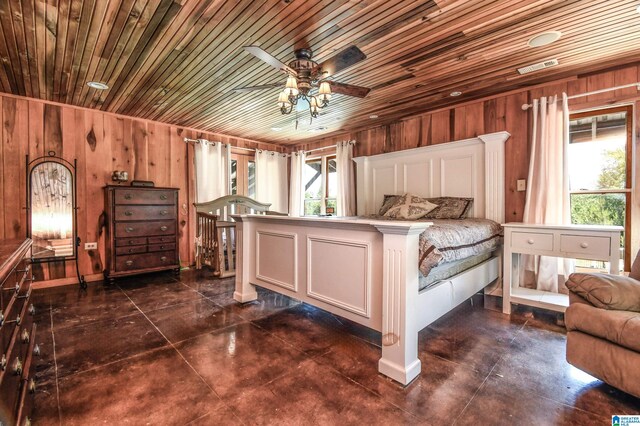 bedroom featuring wood walls, ceiling fan, and wood ceiling